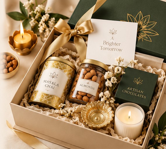 Elegant curated gift hamper with festive treats and gold details