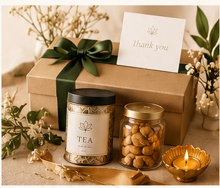 Small curated gift box with tea, treats and a ribbon